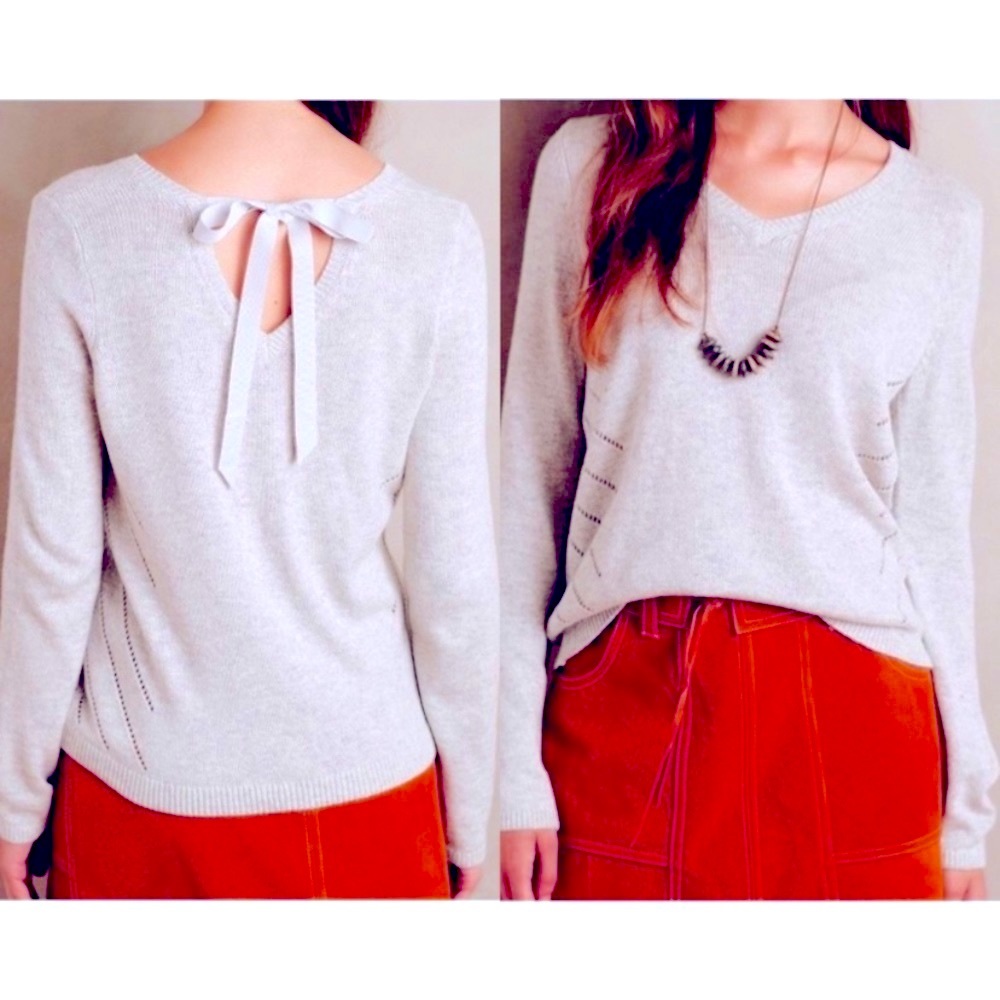 Anthro Moth Ribbon Tie Back Pullover Sweater Gray Size Medium